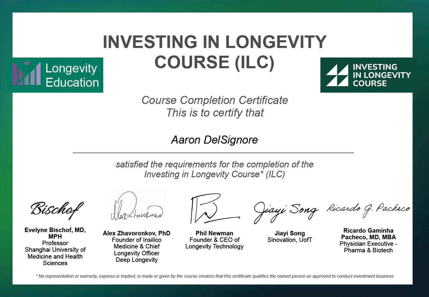 Investing in Longevity Course Certificate